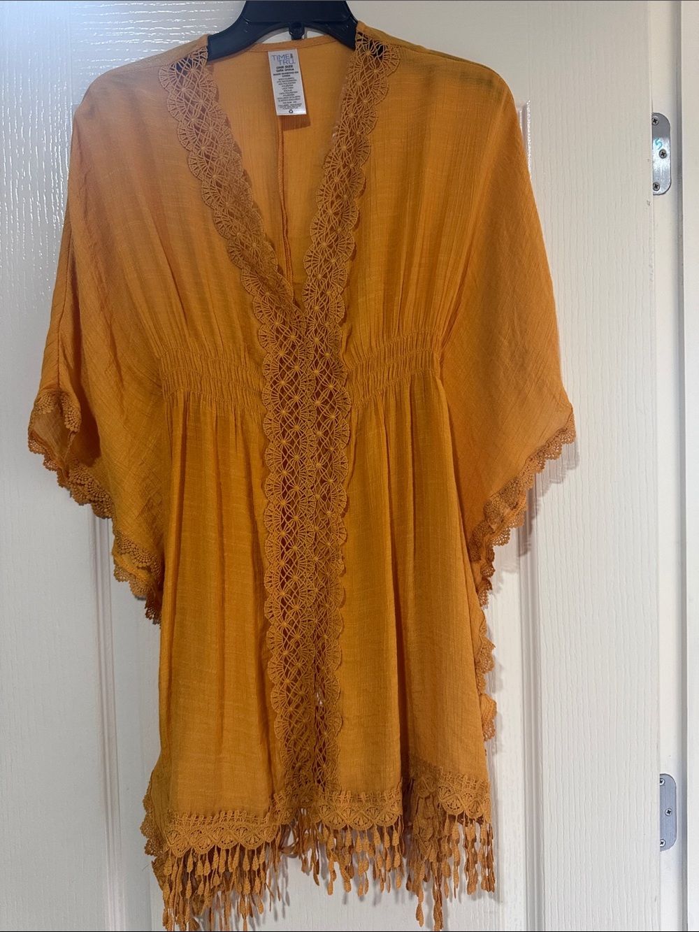 Time and Tru Mustard Crochet-Trim Flutter Tunic🫶